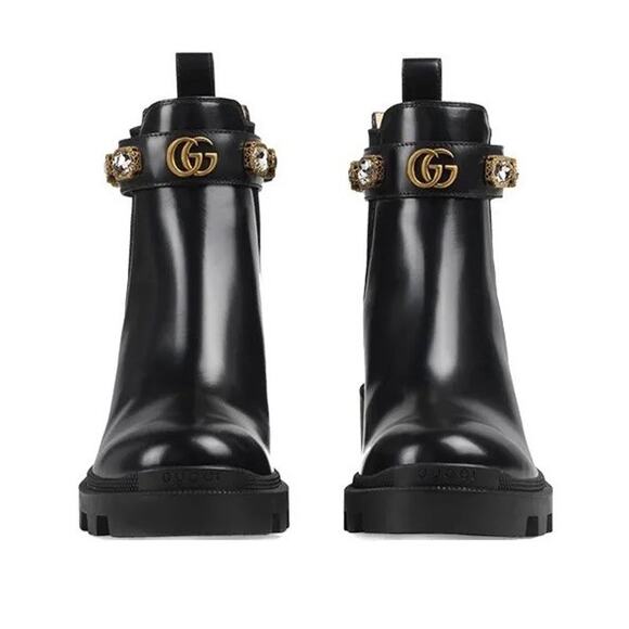 Gucci Magnum 37/US 7 Chelsea Ankle Boots Black Leather Crystal Belt Bootie NIB - Picture 2 of 13